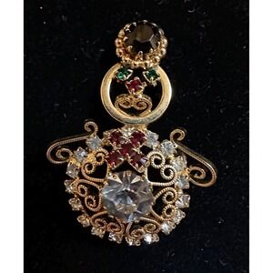 Vintage Rhinestone Snowman Pin w/ Scroll Work
